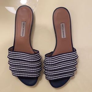 Tabitha Simmons Navy and White ruffle slides